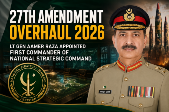 News graphic showing Pakistan's 27th Amendment, Lt Gen Aamer Raza, and the establishment of the National Strategic Command in 2026.