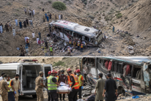 Emergency responders conduct rescue operations after the fatal passenger bus accident in Balochistan, Pakistan.