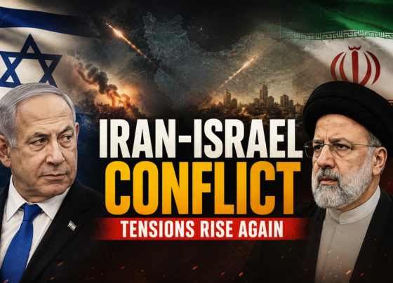 Israeli Prime Minister Benjamin Netanyahu and Iranian President Masoud Pezeshkian with the headline "Iran-Israel Conflict" against a dramatic Middle East conflict background.