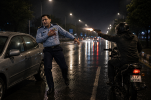 Illustration depicting a motorcyclist firing at Group Captain Asim Tariq after he intervened to help a woman on 9th Avenue, Islamabad.