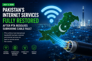 Digital map of Pakistan showing restored internet connectivity after the PTA repaired a submarine cable fault.