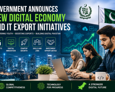 Pakistani IT professionals working on laptops with digital technology graphics representing the government's new digital economy and IT export initiatives in 2026.