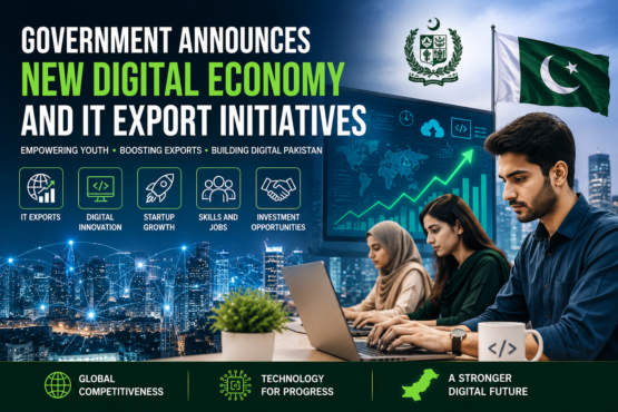 Pakistani IT professionals working on laptops with digital technology graphics representing the government's new digital economy and IT export initiatives in 2026.