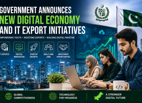 Pakistani IT professionals working on laptops with digital technology graphics representing the government's new digital economy and IT export initiatives in 2026.
