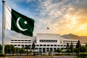 Pakistan national flag flying in front of the Parliament House in Islamabad, representing political developments and government affairs in July 2026.