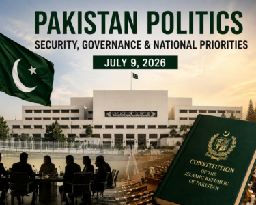 Pakistan Parliament building with the national flag representing Pakistan's political developments, security, governance, and national priorities in July 2026.