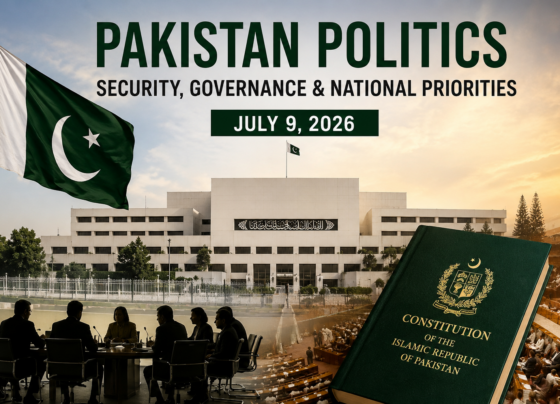 Pakistan Parliament building with the national flag representing Pakistan's political developments, security, governance, and national priorities in July 2026.
