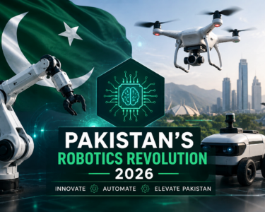 Pakistan Robotics Revolution 2026 featuring AI robotics, drone technology, Pakistan flag, and futuristic innovation representing the government's $20 million technology fund.