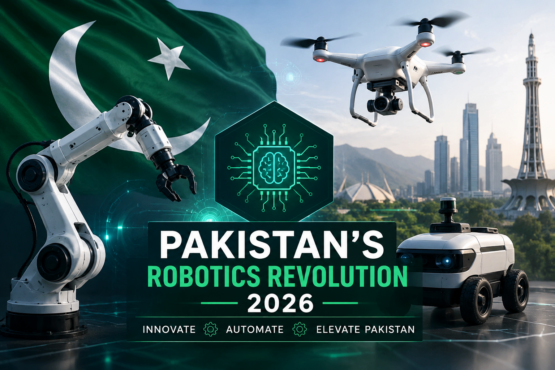 Pakistan Robotics Revolution 2026 featuring AI robotics, drone technology, Pakistan flag, and futuristic innovation representing the government's $20 million technology fund.