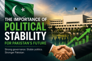 Pakistan's Parliament with the national flag, handshake, and growth chart symbolizing political stability, economic progress, and national development